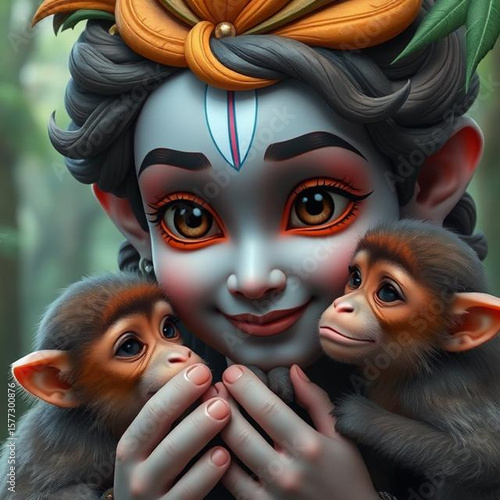 Krishna con sus amigos monos, adorables, en el bosque
