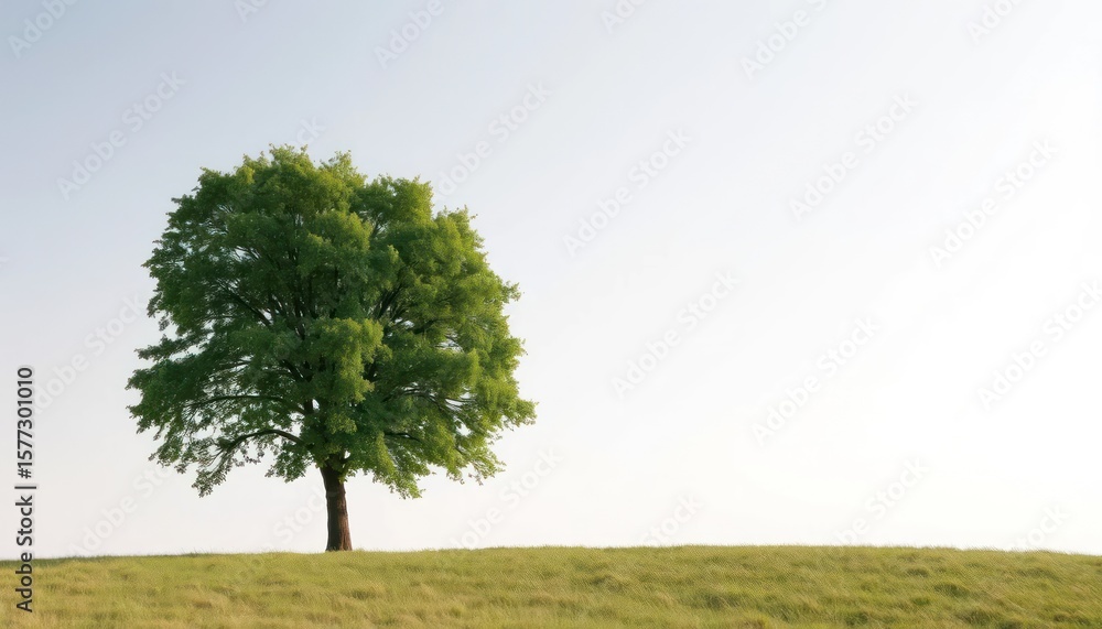 Fototapeta premium Lone tree standing on a grassy hill against a clear, bright sky