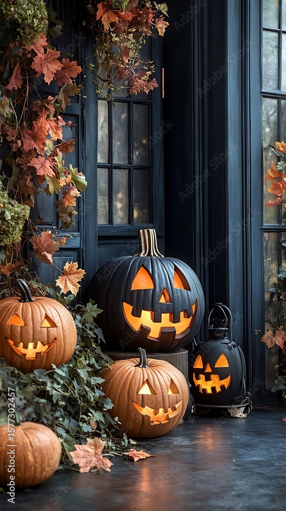Obraz premium Glowing jack o'lanterns illuminate a spooky autumn night on a bed of fallen leaves, capturing the essence of Halloween.