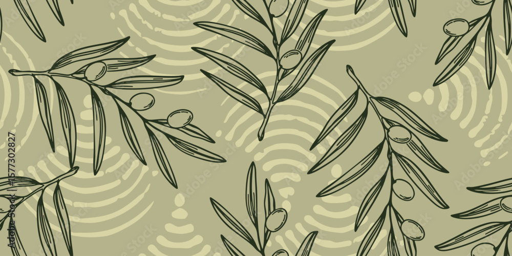 Obraz premium Olive Green Leafy Branches A Seamless Aesthetic pattern