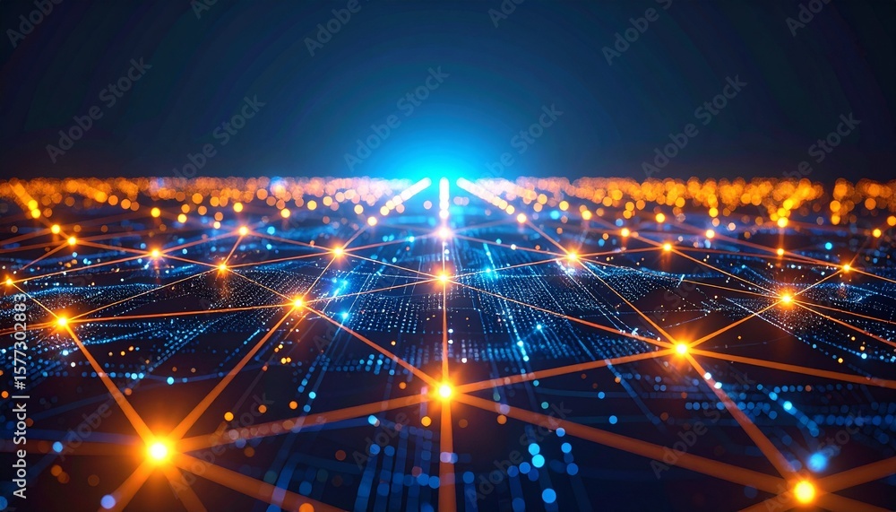 Obraz premium Futuristic Technology – Artificial Intelligence and Data Visualization with Neon Blue and Orange Network Connections.
