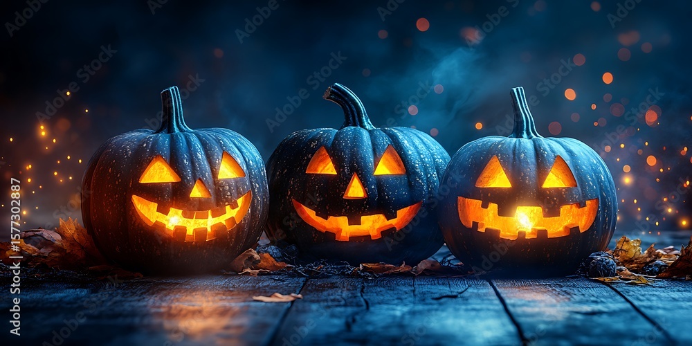 Naklejka premium Spooky jack o lanterns glow warmly on a wooden surface, ideal for autumn harvest and Halloween celebrations