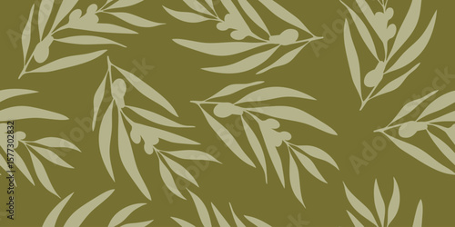 Olive Green Leafy Branches A Seamless Aesthetic pattern
