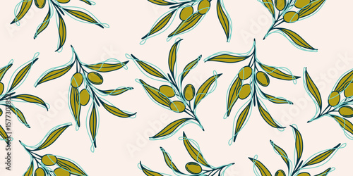 Olive Green Leafy Branches A Seamless Aesthetic pattern