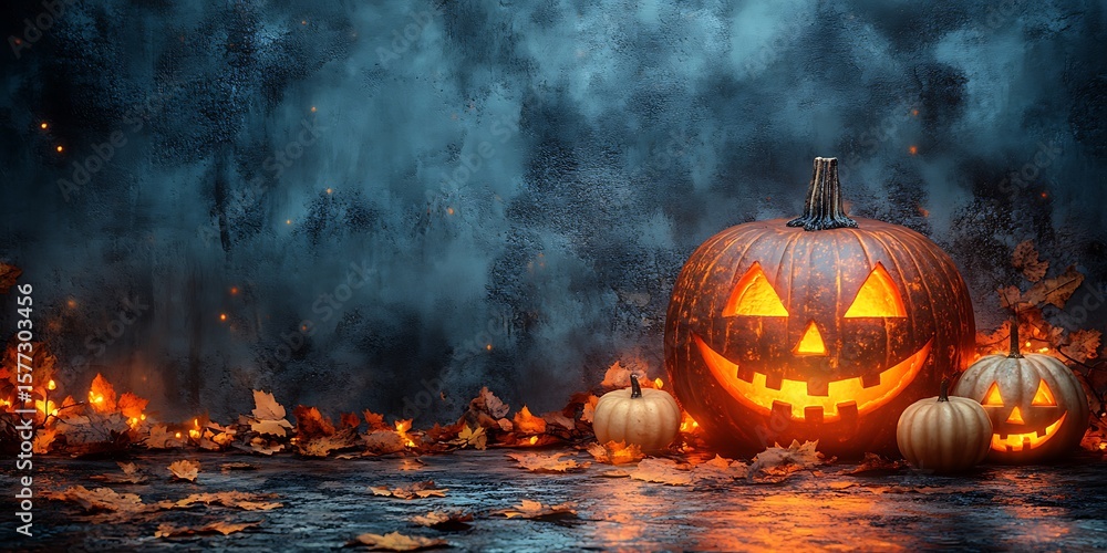 Naklejka premium A festive Halloween scene features glowing jack o lanterns and autumn leaves against a moody, textured backdrop
