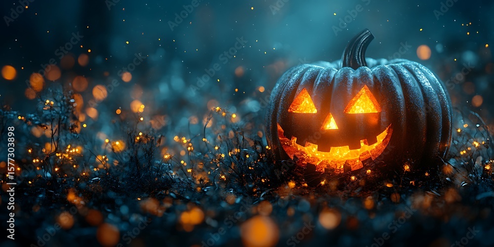 Fototapeta premium Mystical Halloween night with a glowing jack olantern pumpkin resting in a spooky dark field scene.