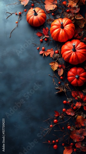 Vibrant pumpkins with autumn leaves and berries create a festive fall scene on a dark textured surface.