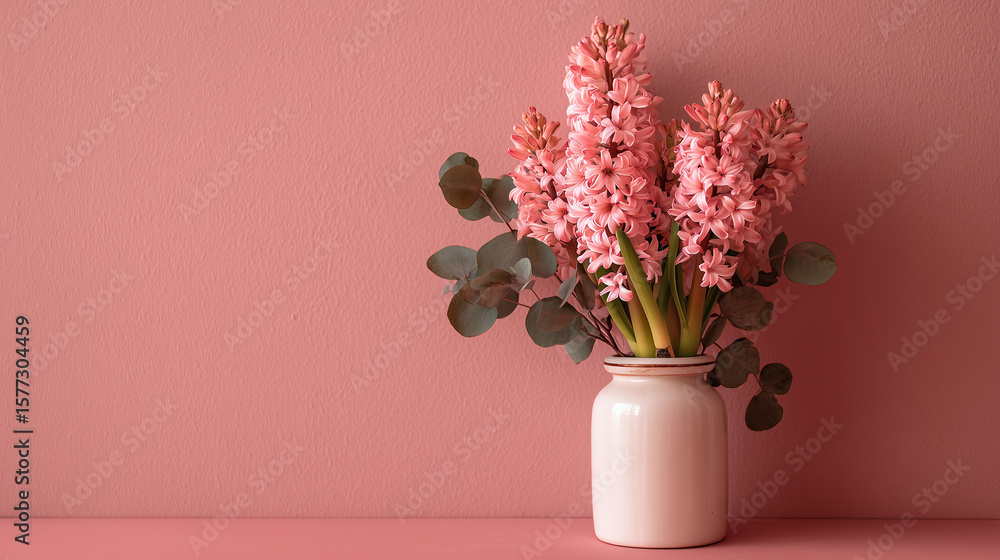 Fototapeta premium Spring vibes bloom in this soft-toned scene where a hyacinth and eucalyptus arrangement adds charm against a pastel pink backdrop.