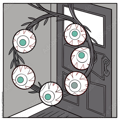 Creepy halloween wreath made of eyeballs and branches hangs on a dark door creating a spooky and unsettling atmosphere for the holiday season