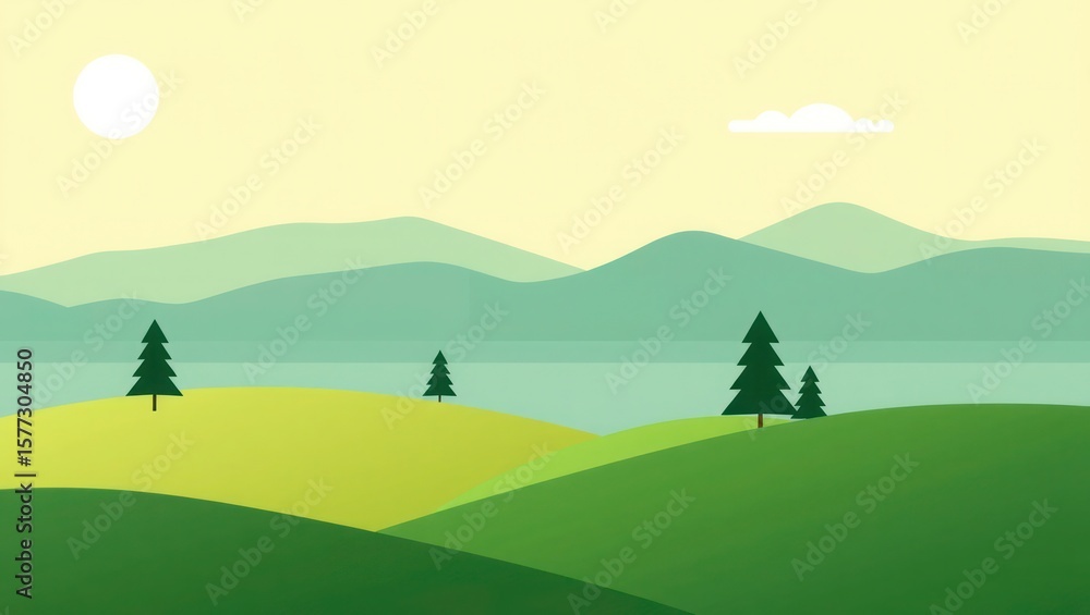 Fototapeta premium Minimalist landscape illustration featuring green hills, trees, mountains, a lake, the sun, and a single cloud.