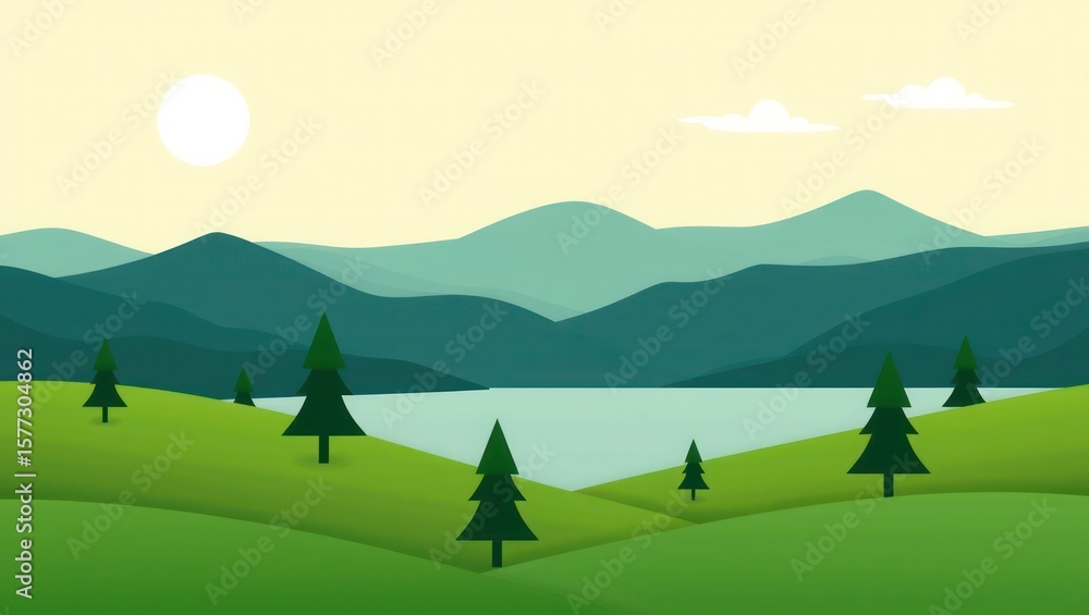 Fototapeta premium A stylized illustration of a tranquil mountain landscape with a lake and rolling hills.
