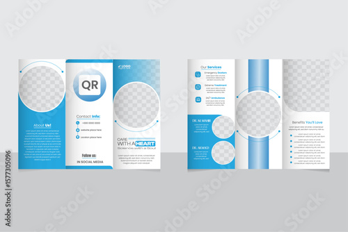 Modern trifold medical brochure design template with a circle-type elliptical blue shape