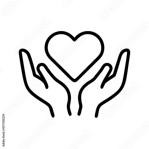 Hands holding heart, representing love, care, and affection with simple lines. Hands holding heart create a symbol of compassion and support, reflecting a message of unity and hope.