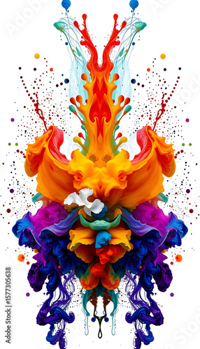 An explosion of vibrant color creates an abstract design, showcasing swirling liquid paint in shades of red, blue, yellow, and purple against a clean white backdrop.