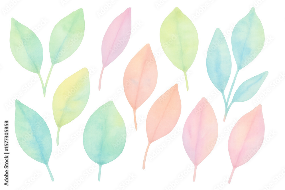 Fototapeta premium Pastel watercolor leaves creating soft, dreamy botanical effect with transparent background, ideal for delicate graphic design elements