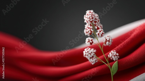 Delicate white flowers with red accents blooming on a flowing red fabric against a dark gray background