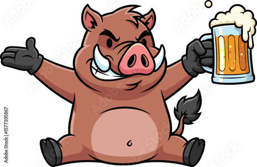 Cartoon wild boar holding beer mug, funny animal mascot illustration, drinking beer vector, happy pig character for party celebration design