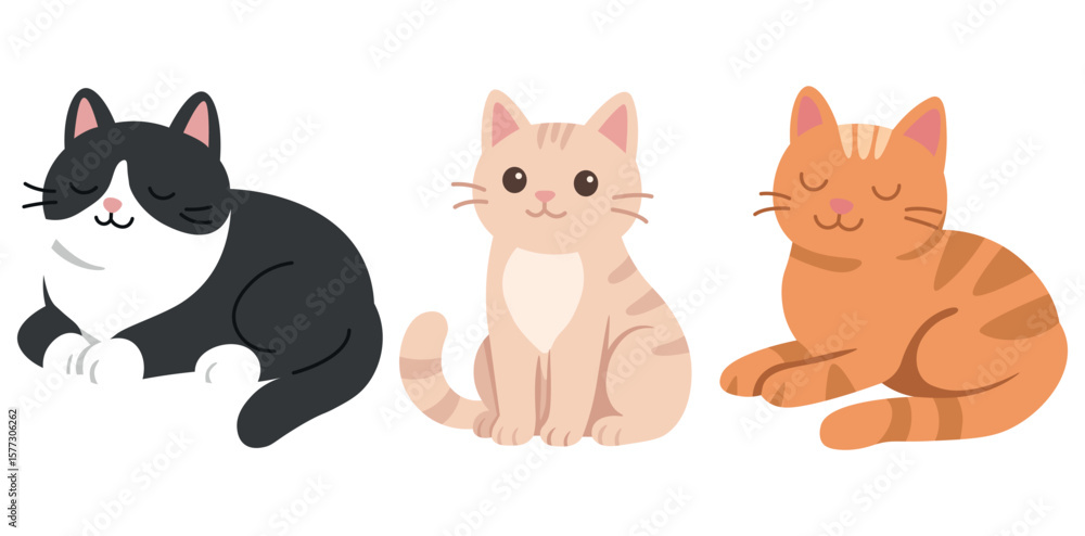 Fototapeta premium Set of cute vector cats in flat style. Black and white, peach, and ginger kittens in different poses. Perfect for kids, stickers, nursery art, or pet-themed design.