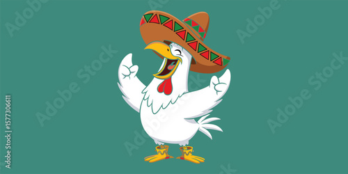 Funny cartoon rooster with sombrero, cheerful chicken mascot, Mexican style vector illustration, happy bird character, colorful festive poultry design