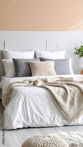 White bed with beige accents