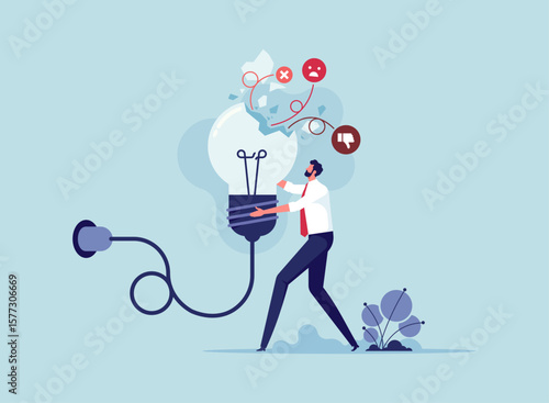 Bad idea cause problem and failure concept, mistake or poor idea, bad idea and negative opinion, depressed business man standing with fail old broken lightbulb idea