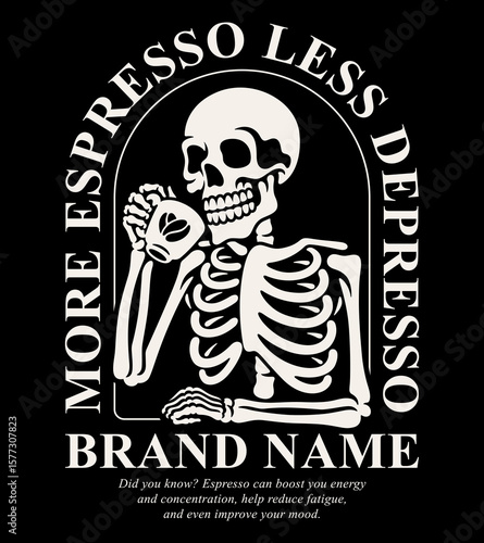 Vector illustration of a skull drinking a cup of coffee.