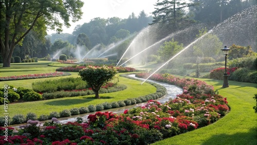 Automatic sprinkler system waters lush green lawn under sun, ensuring healthy vibrant grass. Garden maintenance, irrigation technology keeps grass fresh wet, making backyard beautiful.