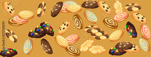 Seamless pattern of beautifully decorated mouth-watering multicolored round cookies on a white background.long .eps