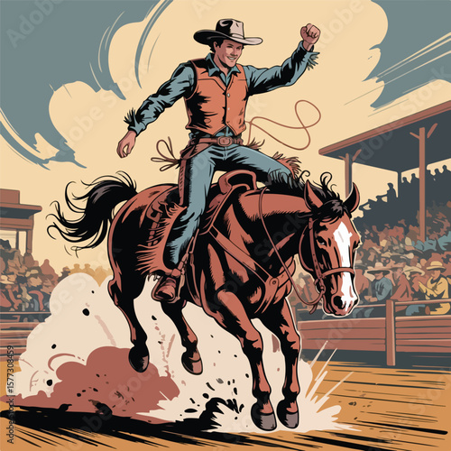 Vintage Rodeo Illustration – Cowboy Riding Bucking Bronco in Mid-Air
