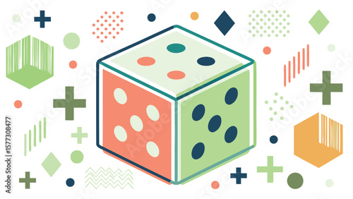 Isometric die with colorful dots surrounded by geometric shapes on a white background design style