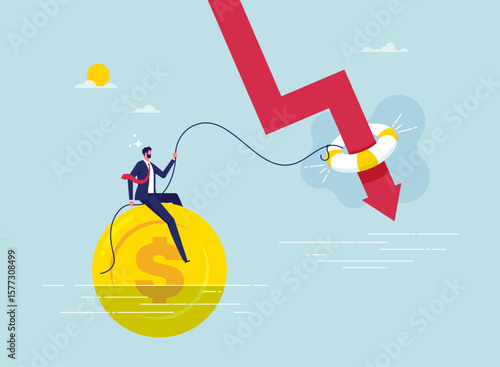 Business support concept, insurance or emergency money to rescue in economic crisis or investing margin of safety to protect losses, businessman help with lifebuoy on falling stock market