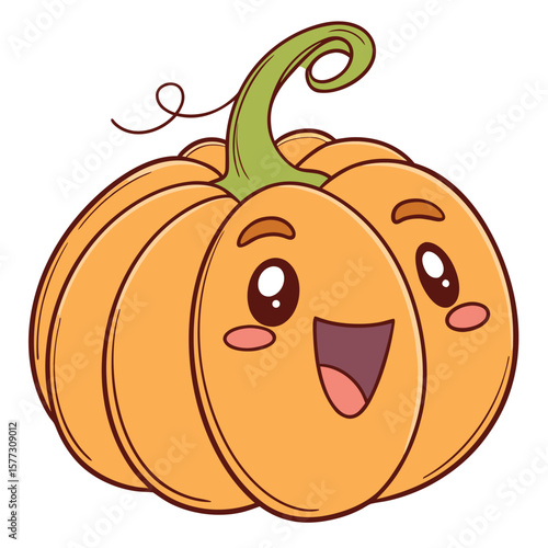 The cartoon pumpkin smiling widely shows its excitement on a white transparent background