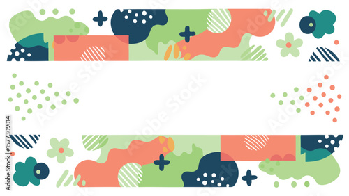 Colorful abstract shapes and floral elements arranged in horizontal bands on a white background design