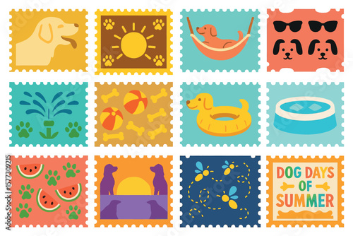 Dog Days of Summer Cute Puppy Activities Icons Summer Fun Vector Set