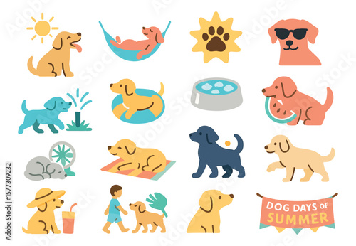 Dog Days of Summer Cute Puppy Activities Icons Summer Fun Vector Set