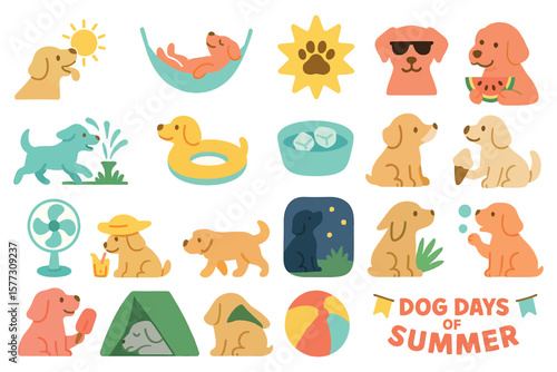 Dog Days of Summer Cute Puppy Activities Icons Summer Fun Vector Set