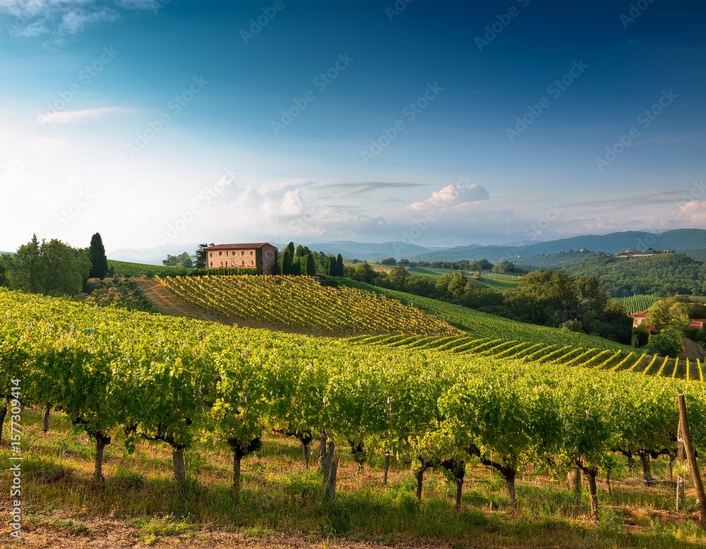 Fototapeta premium a serene vineyard landscape with rolling hills and a rustic villa in the background