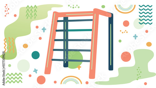 Illustration of a monkey bar set with abstract shapes and pastel colors in a playful style scene