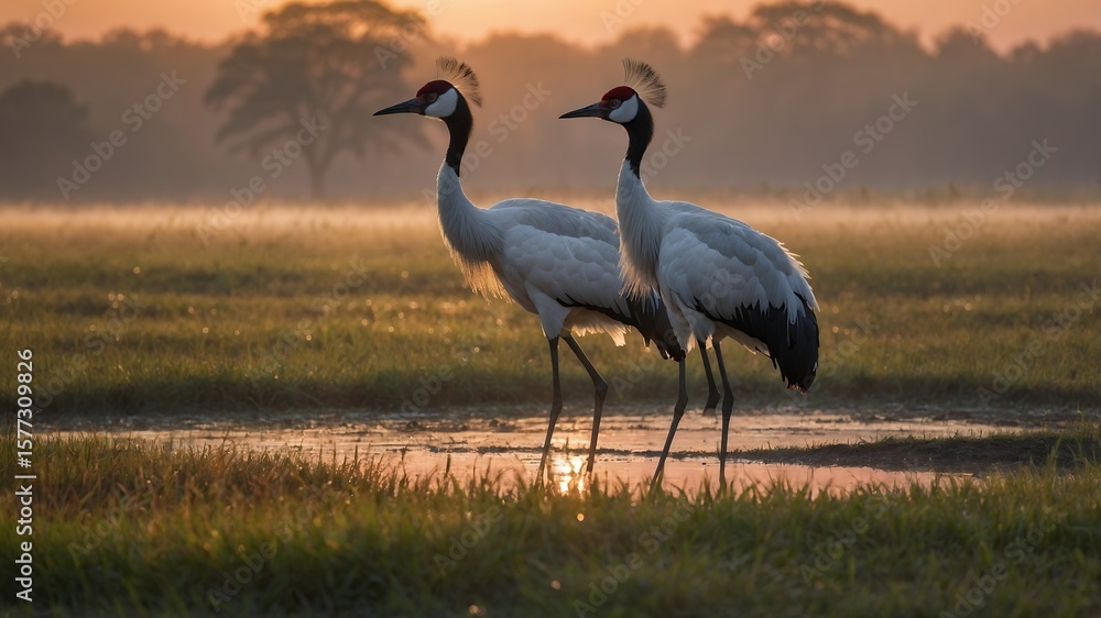 Obraz premium Two Red-Crowned Cranes in a Misty Wetland at Sunrise