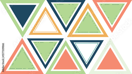 Geometric arrangement featuring colorful triangles with varied designs and orientations in a pattern