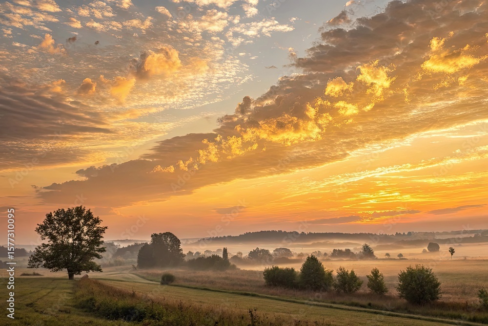 Fototapeta premium village Sunset, A vibrant sunset illuminates a scenic landscape, casting colorful skies over a village nestled in the hills, highlighting tranquility and beauty.