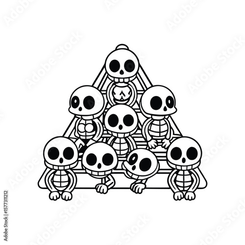 A pyramid of skeletons in Halloween theme gym kids coloring book Vector illustration