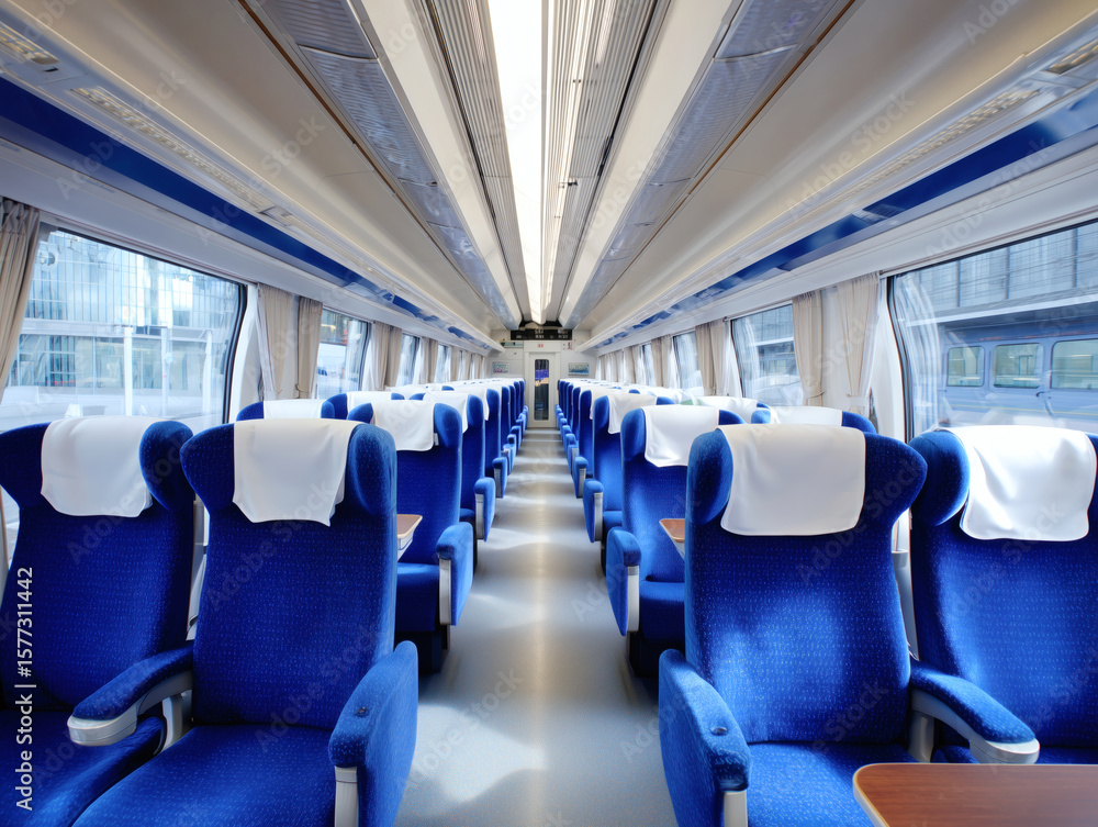 Fototapeta premium 新幹線の青い座席と車窓から光差し込む快適な車内風景