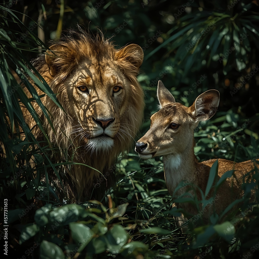 Fototapeta premium A male lion is hiding in the bushes while hunting a deer.