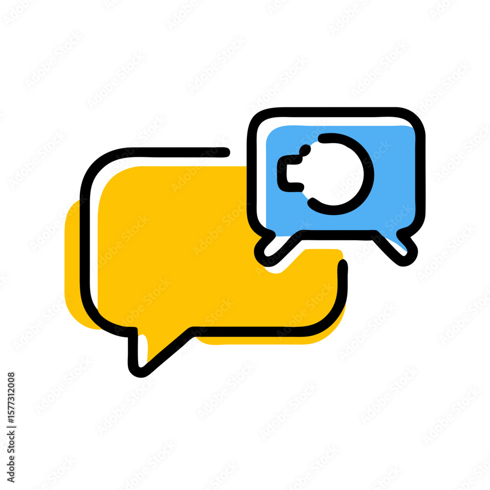 Fototapeta premium Two speech bubbles; one yellow, one blue, with a lightbulb icon indicating an idea exchange or communication.