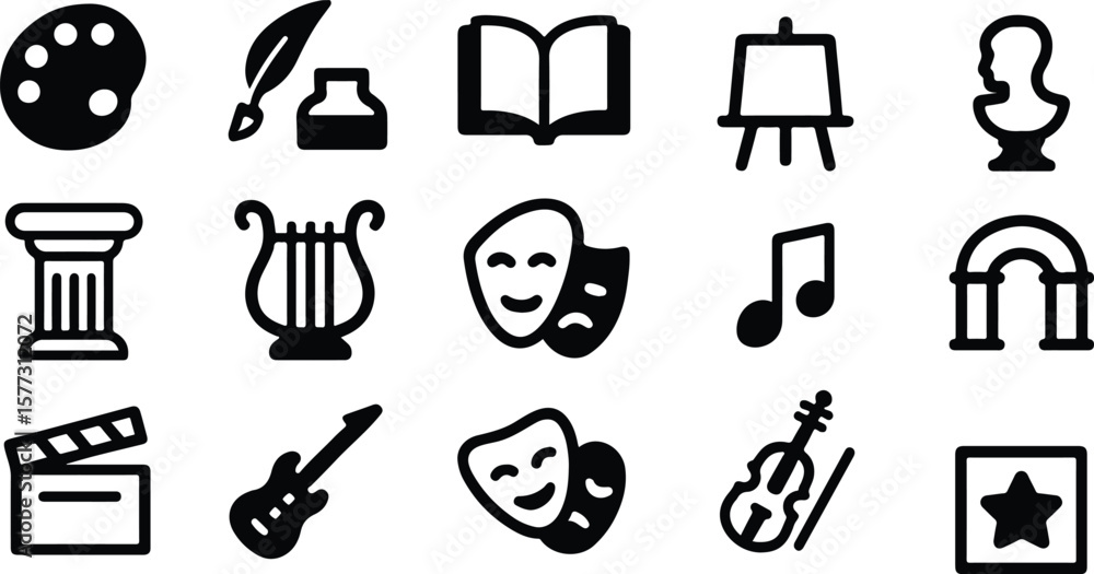 Fototapeta premium Black Vector Silhouette of Art and Culture Icon Set – Adjustable Line Weight Theater, Music, Dance, Film, Photography Symbols on White Background