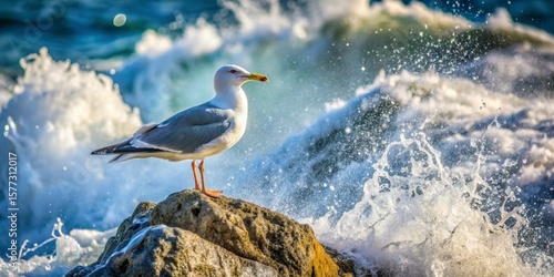 A majestic seabird perched on a rocky outcrop, amidst the powerful surge of ocean waves