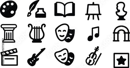 Black Vector Silhouette of Art and Culture Icon Set – Adjustable Line Weight Theater, Music, Dance, Film, Photography Symbols on White Background