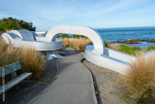 Modern Coastal Walkway with Unique Sculpture