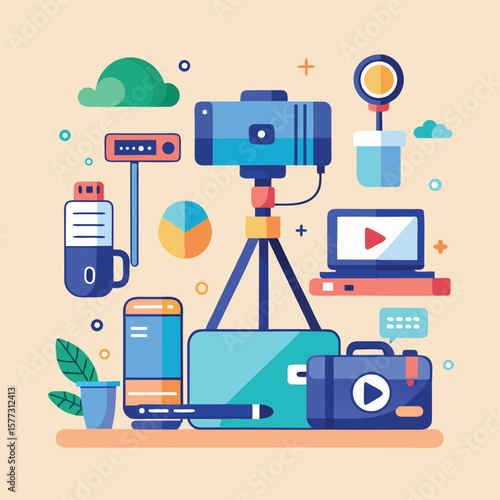 Flat vector illustration depicting videography equipment and digital media workflow in modern business